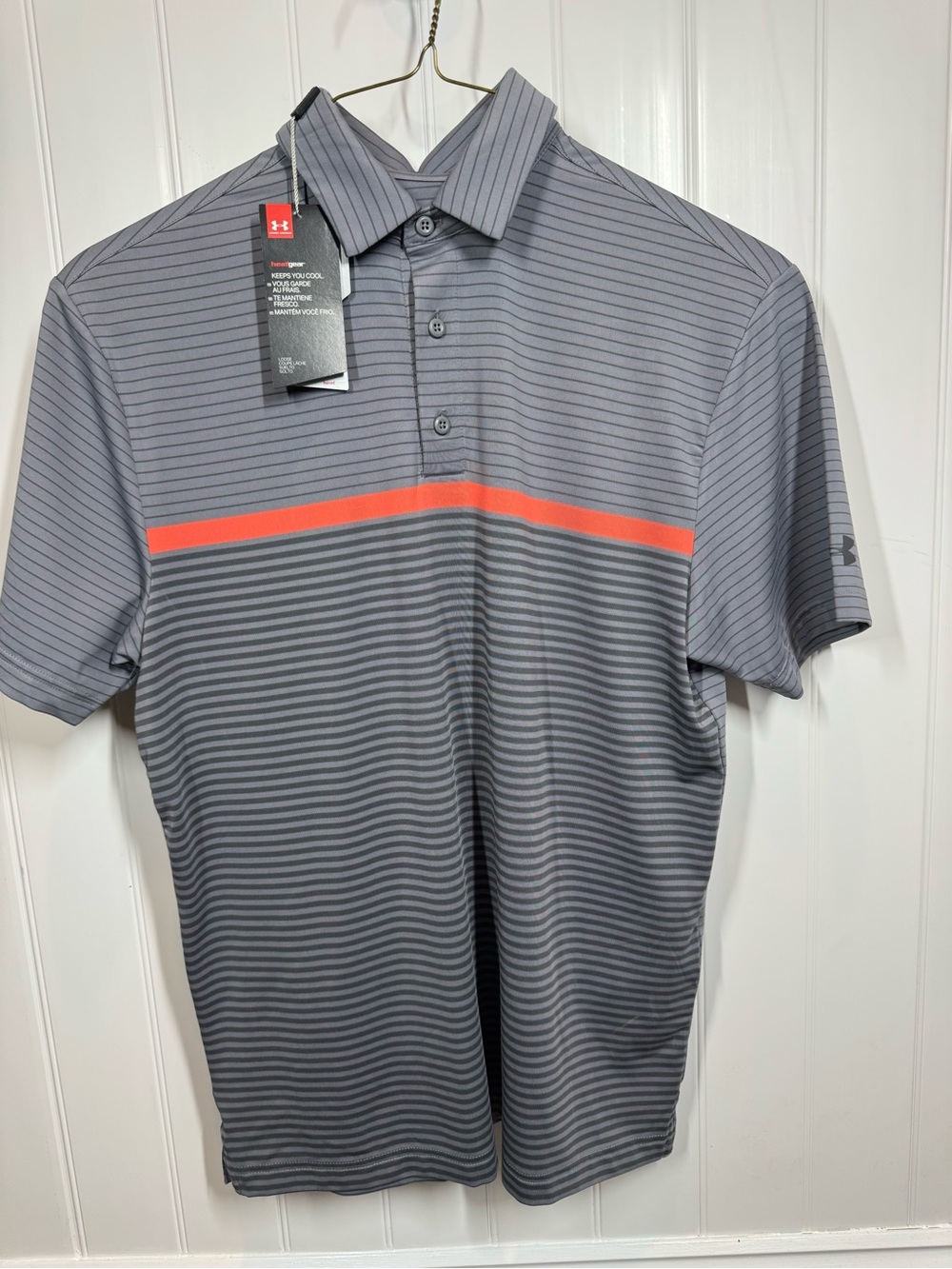Under Armour Men’s SZ M  Gray Stripe Polo Golf Orange Accent